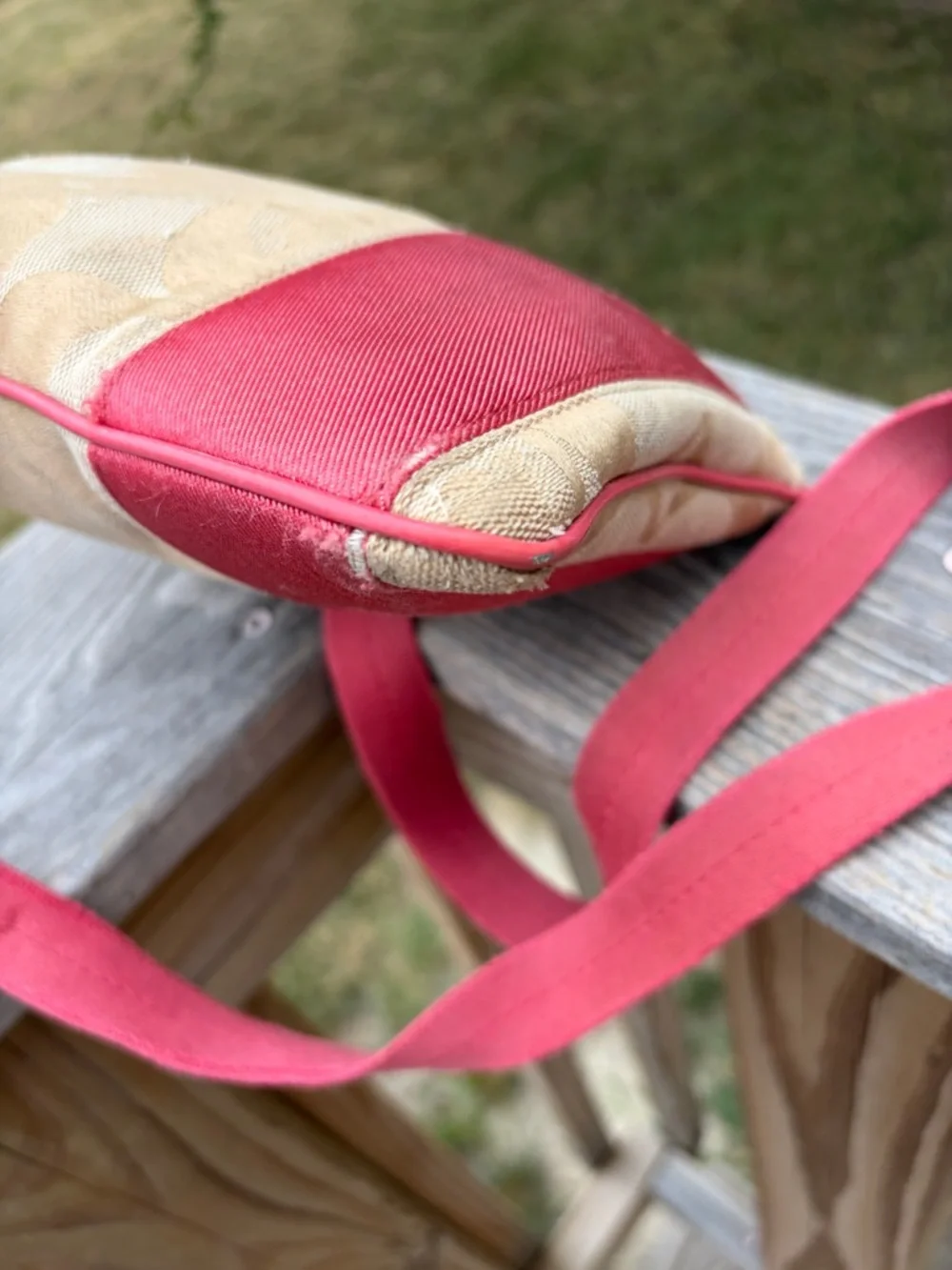 Coach Beige Signature Canvas Crossbody with Pink and patent leather accents